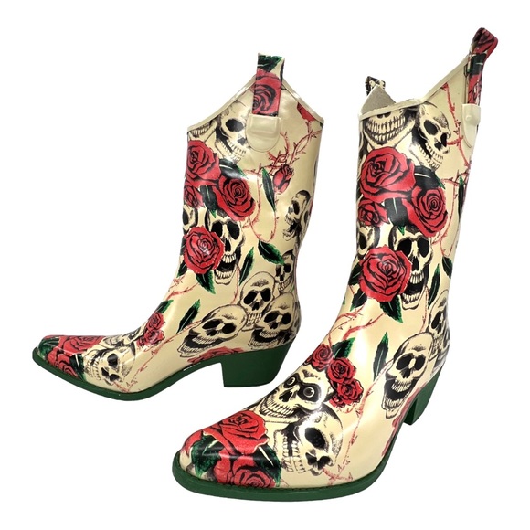 NWOT Rose & Skull Rain Boots Women's Size 11 (Runs Small) Western Rain Boots - Picture 11 of 13
